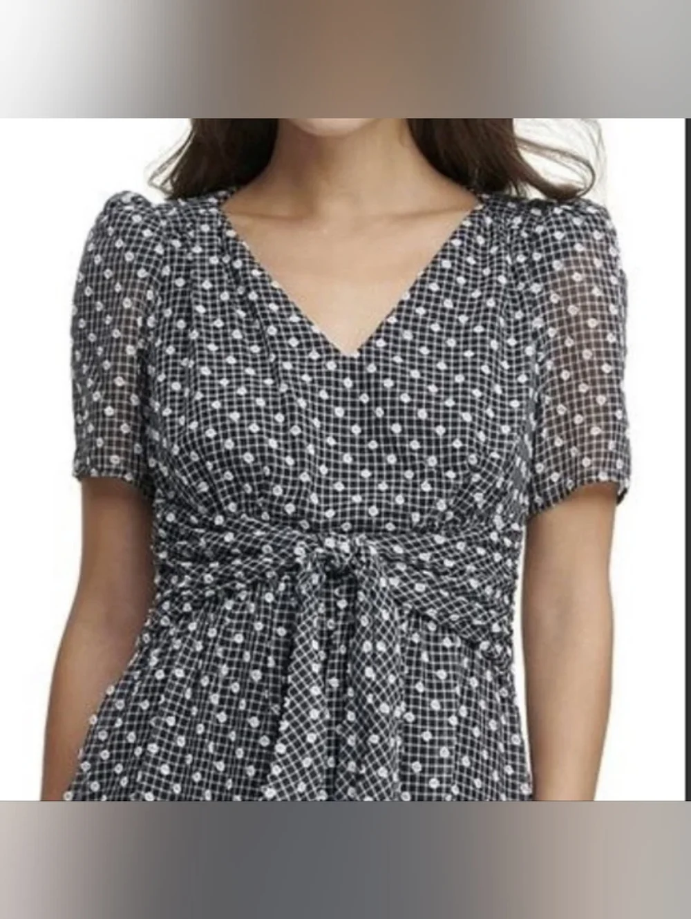 Calvin Klein Women V-Neck Black & White Clip-Dot Chiffon Maxi Dress - Picture 7 of 12